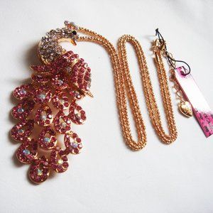 NWT PINK RHINESTONES LARGE  PEACOCK NECKLACE